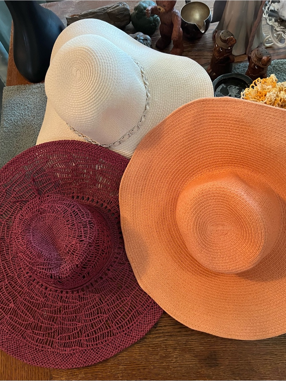 Wide Brim Straw Sun Hats Lot 3 - Cream, Orange & Burgundy